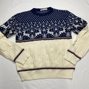 Rob Winter Vintage Fair Isle Reindeer Cable Knit Sweater Navy Cream Small